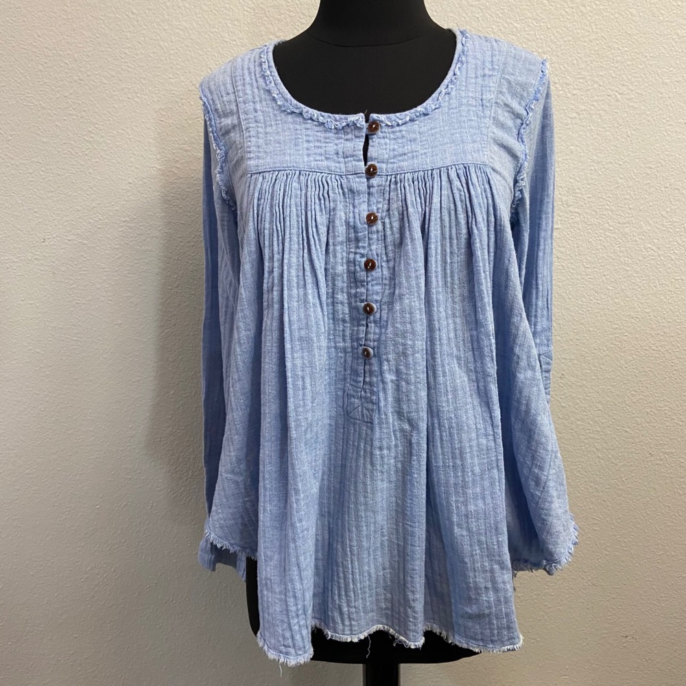 We The Free Extra Small Blue Gauze Long Sleeve‎ Button Up Tunic Top Raw Hem Boho